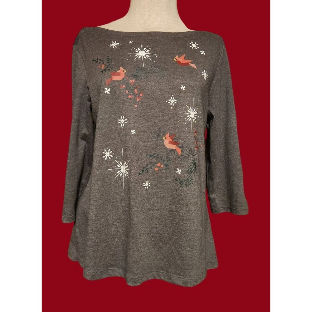 Christopher & Banks Gray Holiday Cardinal Print 3/4 Sleeve Womens Top M